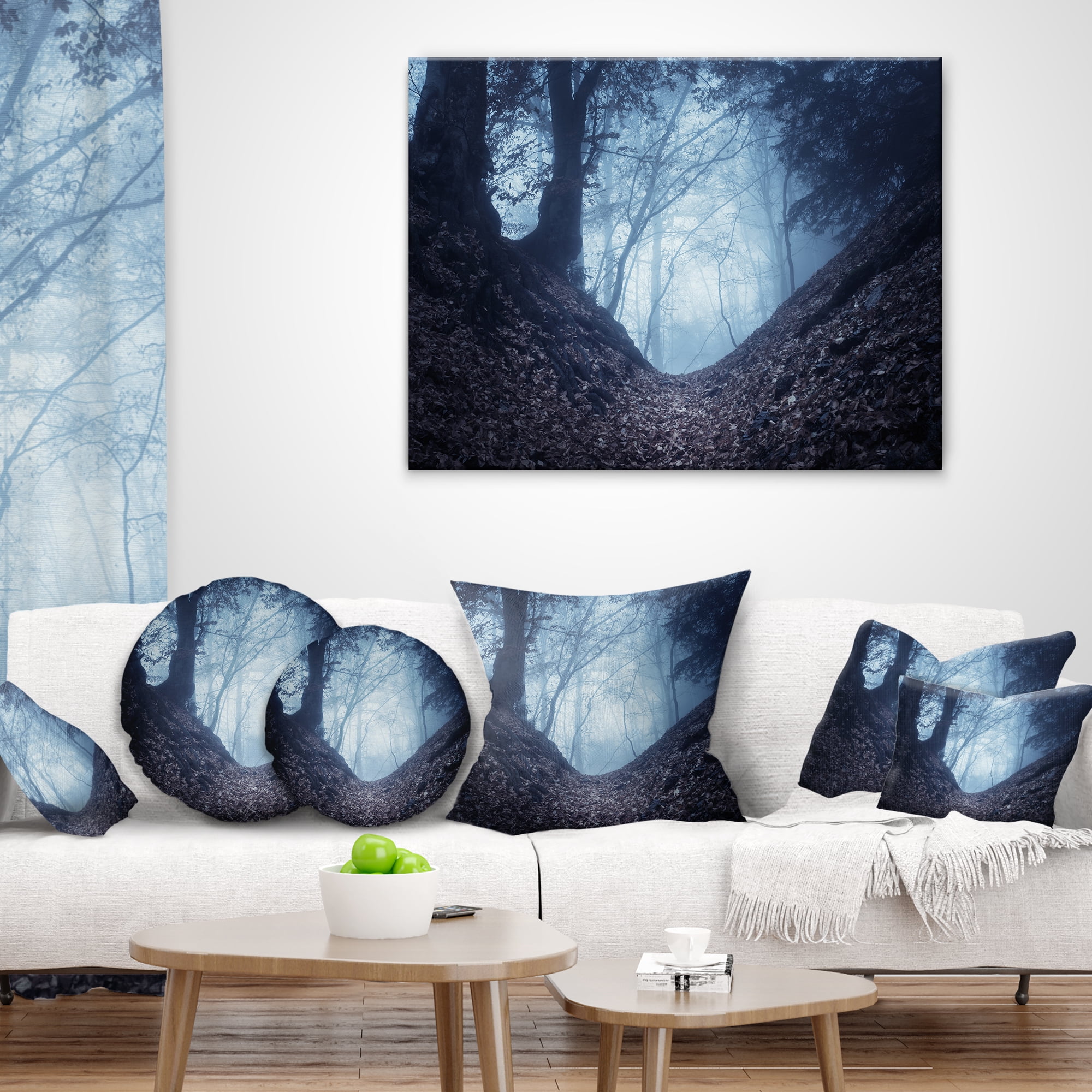 Designart Sunlight Hitting Foggy Forest - Landscape Photography Throw Pillow - 12x20