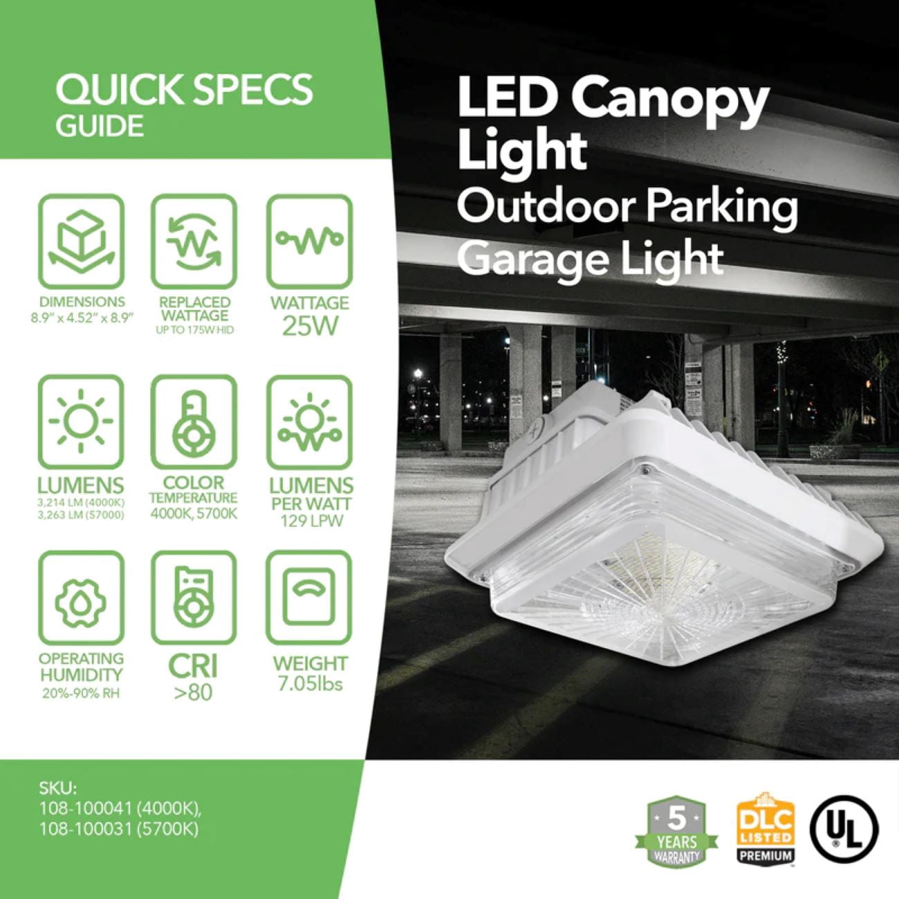 GREENLIGHTDEPOT LED Canopy Light - 25W Outdoor Parking Garage Light - (UL+DLC Listed) (5000K)