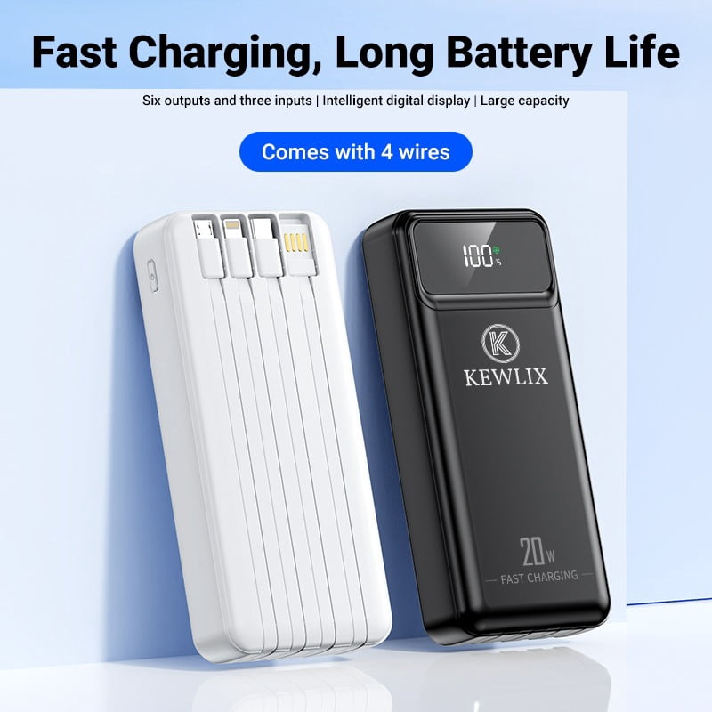Power Bank, 10000mAh Portable Charger Power Bank with Built-in Cables, 22.5W Fast Charging Battery Pack, LED Display, Multiple Output and Input, Compatible with iPhone, Samsung and Android