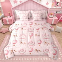 Manfei Pink Hat Air Balloon 7-Piece Twin Bedding Sets,Fairy Tale Castle Bedding Comforter Set,Western Cowgirl Horse Sheet Sets For Princess,Super Cozy Room Decor Reversible