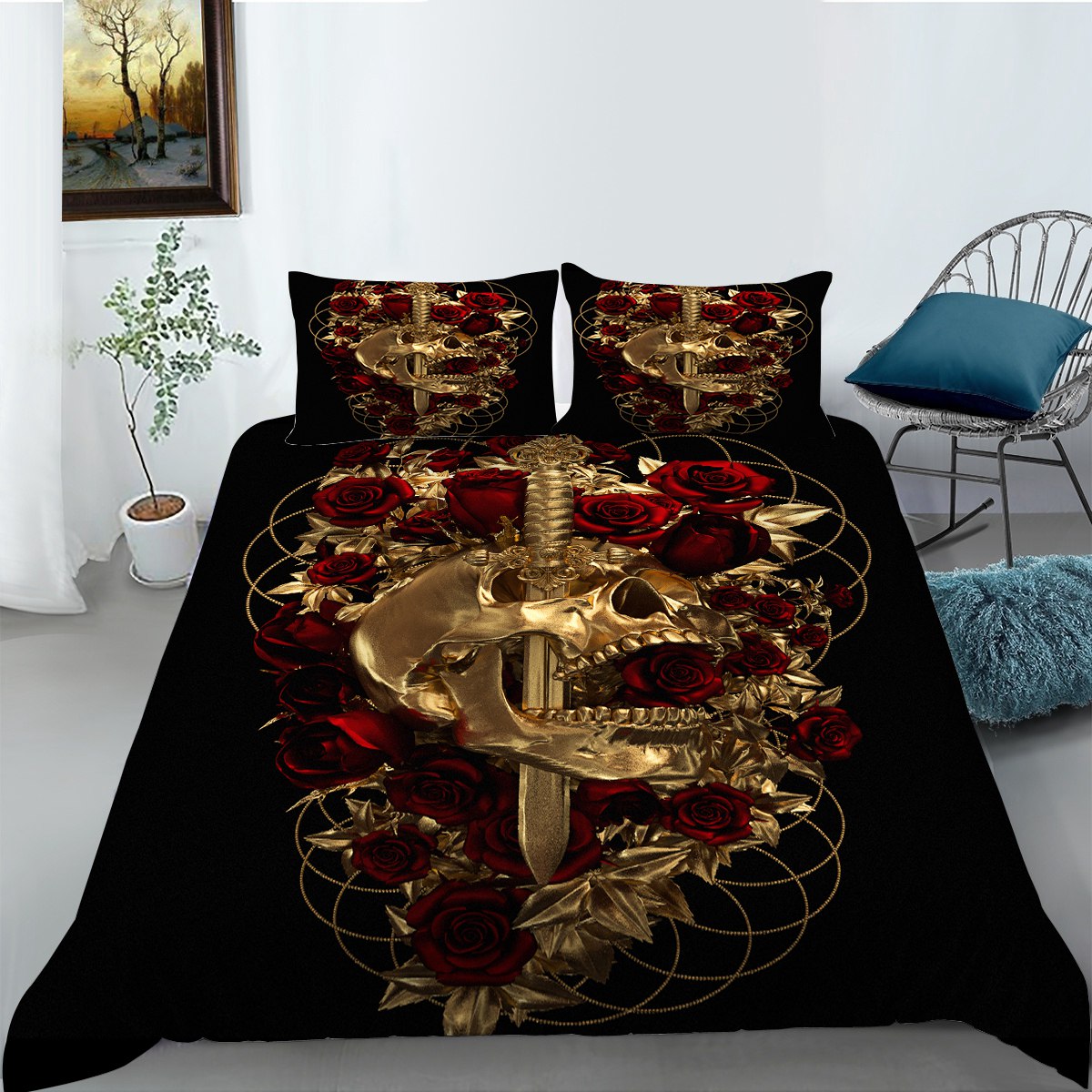 Luxury Gucci Black Skull With Rose Gold Logo Monogram Background Bedding Set