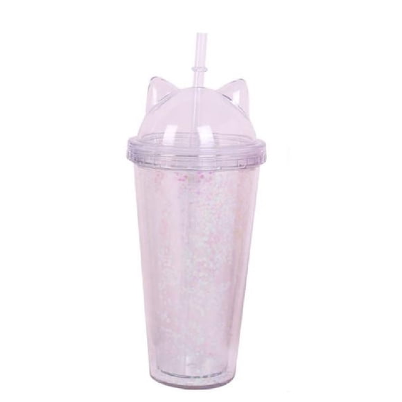 Vaso Glitter con Popote y Tapa con Orejas de Gato Gatito Transparente HappyWare 400ml Glitter Transparente