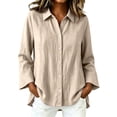 thumbnail image 2 of Kadlawus Women Long Sleeve Collared Button Down Blouse Casual Fit Solid Basic Tunic Tops Comfortable Soft for Office Commute Weekend Travel Daily Wear, Khaki S, 2 of 9