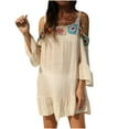 thumbnail image 2 of Blmnix Cotton Linen Women's Dresses Lace Dress Shift Under Dresses Long Sleeve Beige Square Neckline Western Dress for Women,Free Size, 2 of 9
