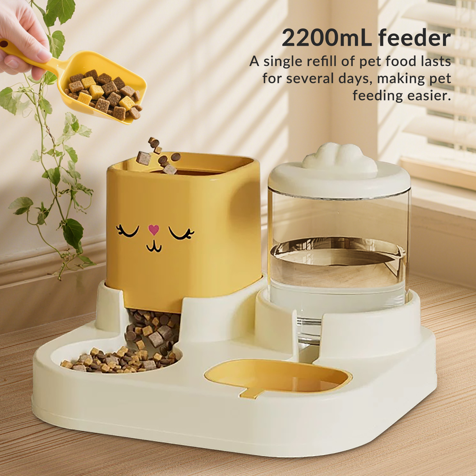 Automatic Cat Feeder and Water Dispenser, 2 in 1 Cat Food Bowl with Self-Refilling Water Bottle, Dry & Wet Separation, Non-Slip Feeding Station, Yellow