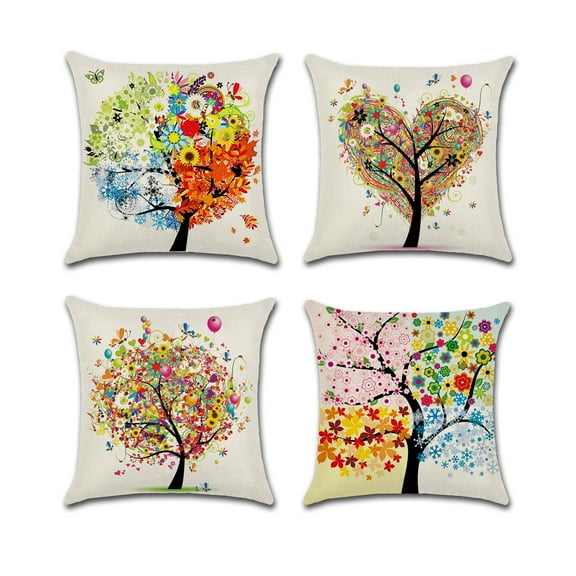 Colorful Tree Heart Cotton Linen Fabric Floral Tree, Balloon, Decorative Indoor Outdoor Throw Pillow Cover Set 18x18