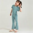 thumbnail image 3 of MHZLDYZ Cute Summer Outfits for Girls 10-12 Girls Solid Color Drawstring Short Sleeve Flared Pants Two Set Girls Hawaiian Outfit Girls' Short Sets Girls Summer Shirts(Blue,100), 3 of 6