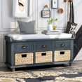 thumbnail image 1 of Rustic Storage Bench - Antique Navy Entryway Bench with 3 Drawers & Rattan Baskets - Solid Acacia Wood Living Room & Hallway Seating Solution (42.1"L), 1 of 17