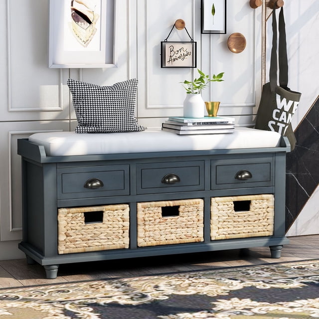 Rustic Storage Bench - Antique Navy Entryway Bench with 3 Drawers & Rattan Baskets - Solid Acacia Wood Living Room & Hallway Seating Solution (42.1"L)