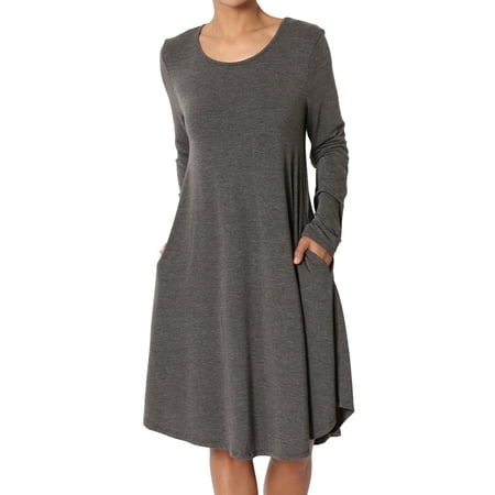 - TheMogan Women's & PLUS Casual Long Sleeve Trapeze Knit Pocket Shift T-Shirt Dress