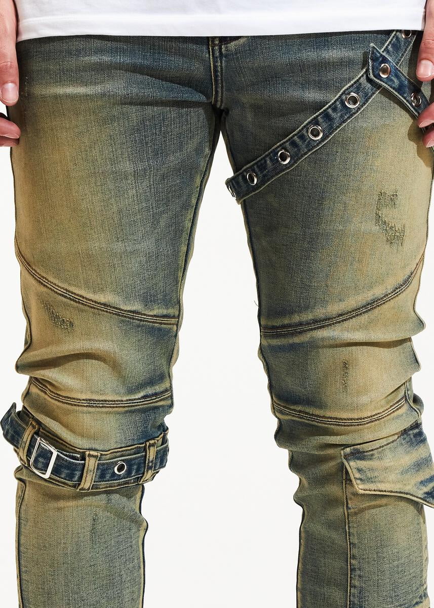 デニム・ジーパン MMF217 DISTRESSED JEANS WITH BUCKLE Embellish NYC Men's Topi Moto Buckle Straps Distressed