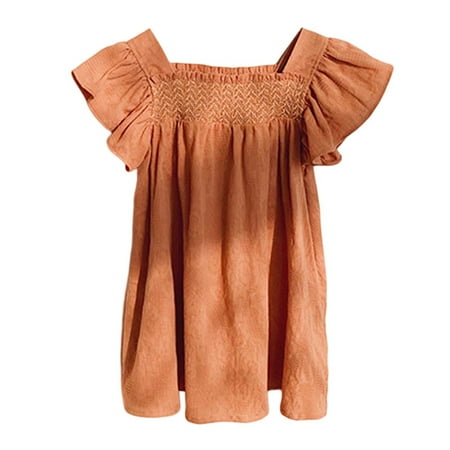 Curuila Infant Kids Girls Dresses Fly Sleeves Solid Color Square Neck Summer Comfortnable Dress Orange Size 3-4 Years