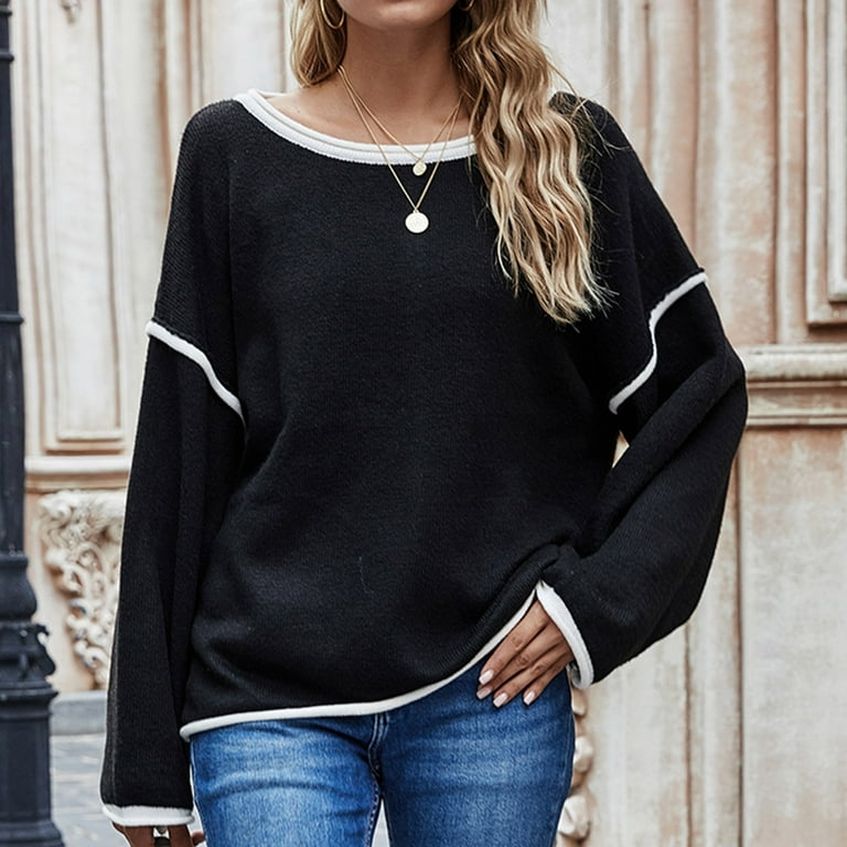 PRINxy Tops for Women Fall Winter Solid Color Sweater Casual Loose Crew  Neck Long Sleeve Knit Tops Thicken Comfy Pullover Raglan Shirts For Women  Black S - Walmart.com