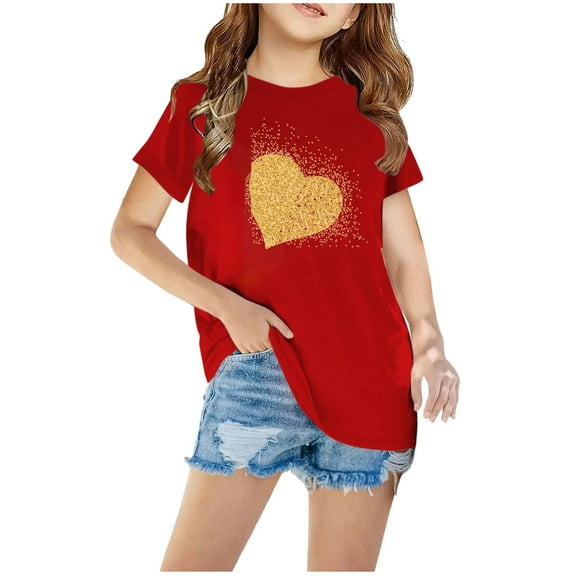 Nskgu Girls Summer Short Sleeve T Shirts Heart Graphic Print Oversized Loose Fit Casual Summer Vacation Tops under $10