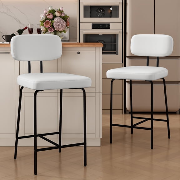 HomeZeer Bar Stools Set of 2, 26" Counter Height Barstools with Back and Footrest, PU Leather Upholstered Stools, White