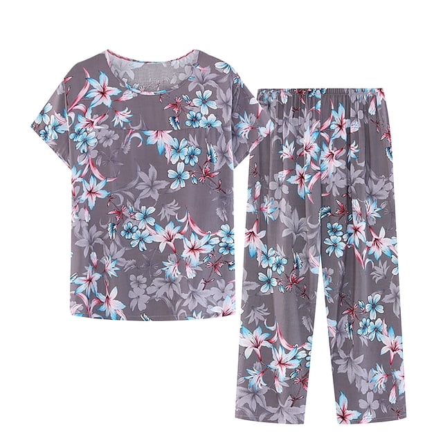 Tnhcen Ensemble de Pyjama d'Été pour Femmes en Lin 2 Pcs / Haut à Manches Courtes Boutonné Col Rond Imprimé Rétro + Pantalon Taille Élastique / TG-5TG