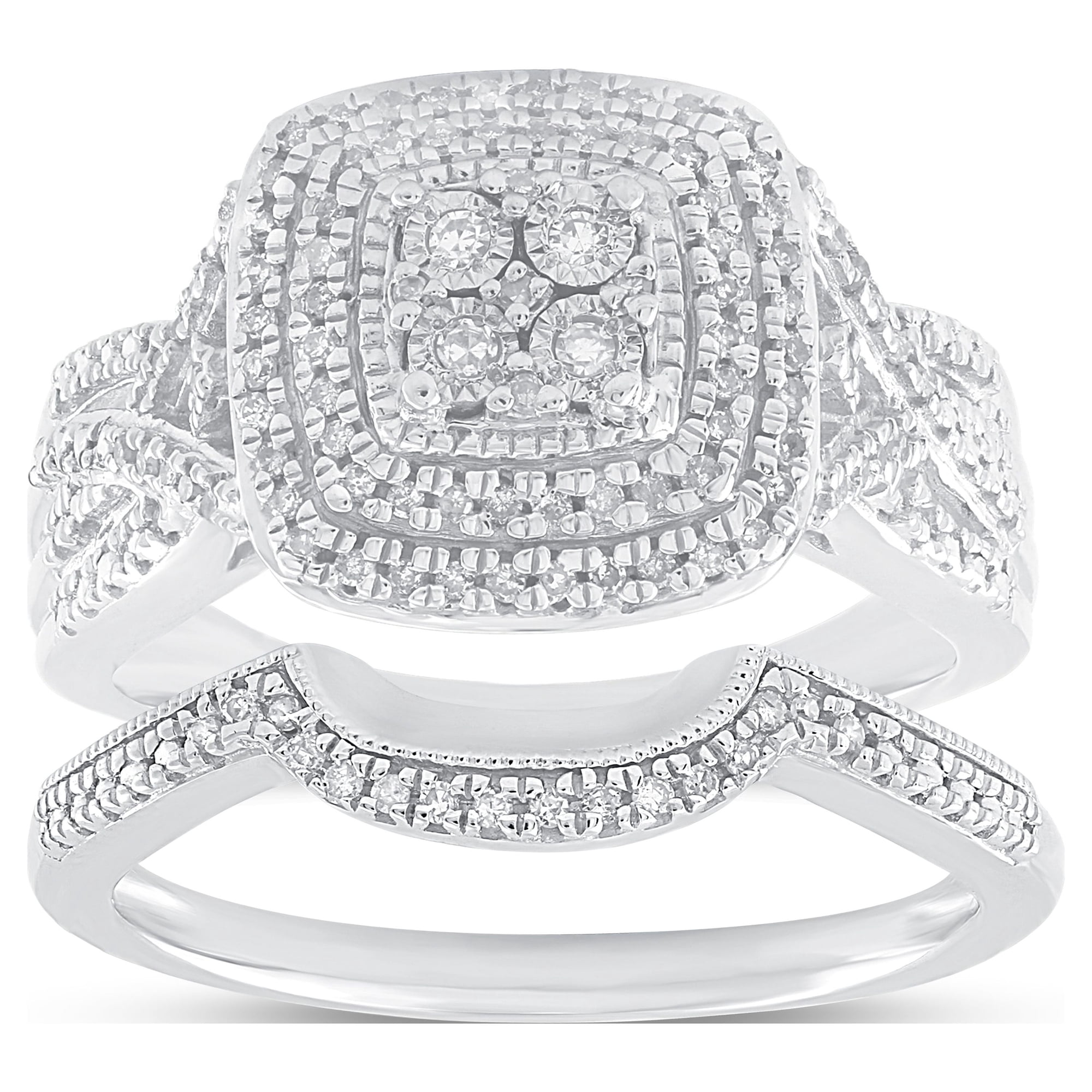 Forever Bride Sterling Silver 1/3 CTTW Diamond Cushion Bridal Ring Set, Women, Adults