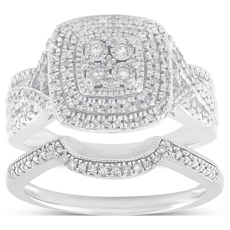 Forever Bride Sterling Silver 1/3 CTTW Diamond Cushion Bridal Ring Set, Women, Adults