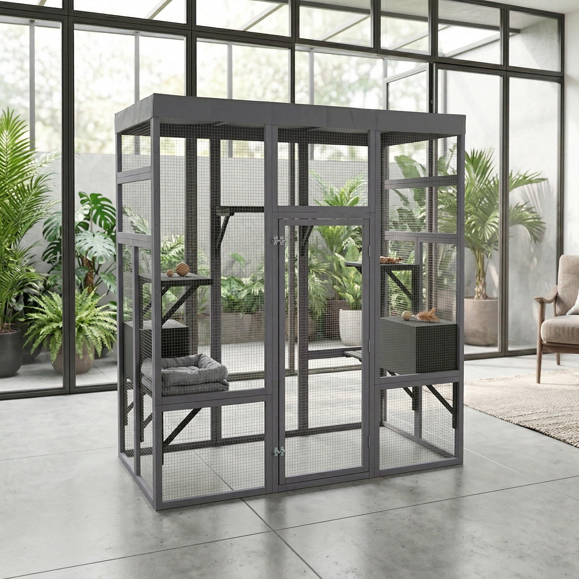 Catio Outdoor Cat Enclosure, large Indoor Wooden 70" Cat House cage with Waterproof Roof & Window Door for Multiple Cats, 2 Napping Houses & 6-Tier Playing Platforms, Gray