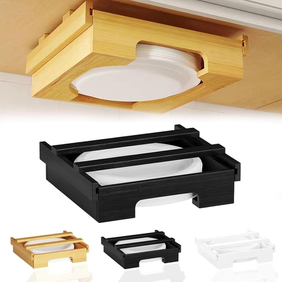 10 Inch Bamboo Paper Plate Dispenser, Under Cabinet & Countertop Universal Plate Holder Storage Organizer for RV, Kitchen, Party, Camper & Home Clutter-Free Living