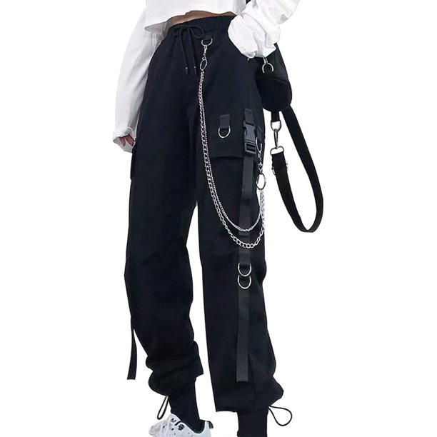 Pantalones cargo para mujer, pantalones harén, pantalones jogger con bolsillos punk a la moda con cadena, pantalones elásticos Harajuku de cintura alta.