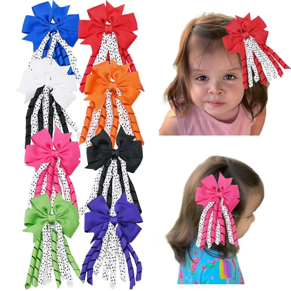 JoyBowie 8 pack 5.3 inch tassel hair bows, polka dot ruffled grosgrain ribbon baby bows with clips for girls toddlers