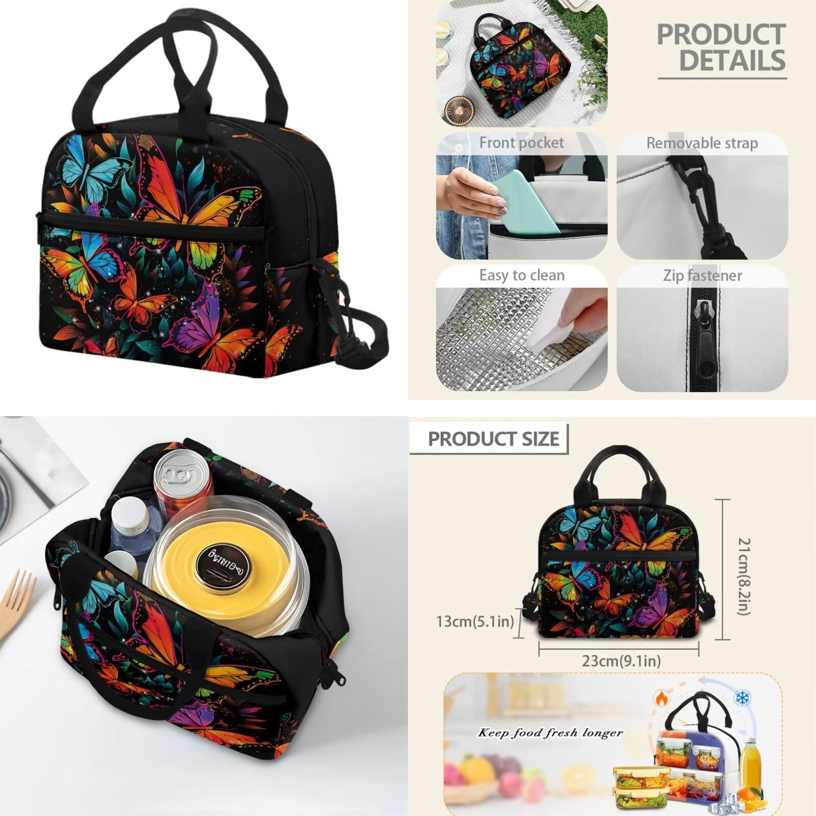Pzuqiu Colorful Butterfly Girls Backpack with Lunch Box Pencil Case Water Bottle Holder 17 Inch Backpacks for School Girls with Adjustable Shoulder Strap, 4pcs Large Student Bag