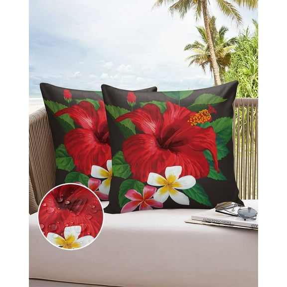 Outdoor Throw Pillow Cover Red Hibiscus Flower with Green Leaves Waterproof Cushion Covers 2 Pack Farm Floral Art Pillow Cases Home Decoration for Patio Garden Couch Sofa