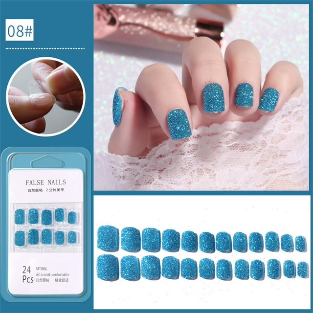 Polvo para uñas, parches para decoración de uñas, 24 uñas postizas cortas con parches de pegamento gelatinoso, uñas de ataúd