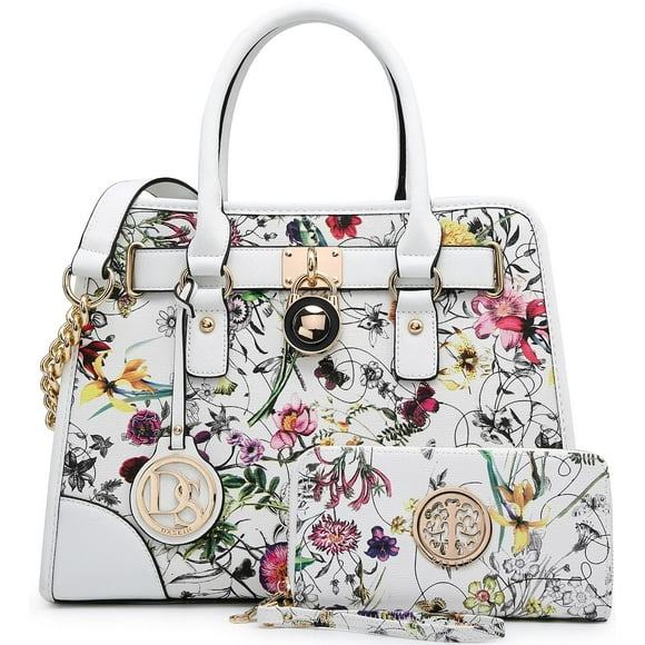 Dasein Women Handbags Top Handle Satchel Purse Shoulder Bag Hobo Bag Work Bag Set 2pcs (White Floral)