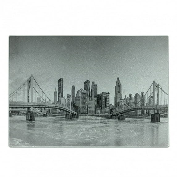 City Pittsburgh Cutting Board, Panoramic View of Pittsburgh Greyscale Gloomy Weather Cityscape, Decorative Tempered Glass Cutting and Serving Board, in 3 Sizes, by Ambesonne
