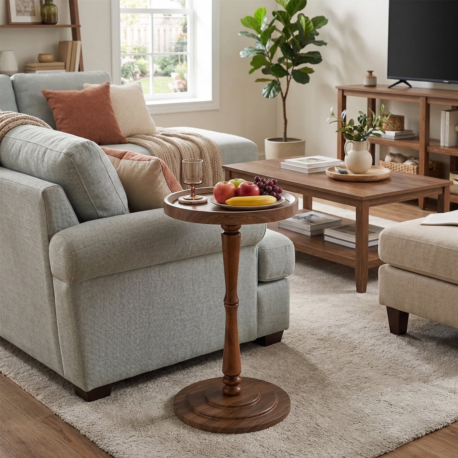 ManyFun Round Side Table, Wood Drink Table for Small Spaces, Round End Table for Living Room, Bedroom, Sofa Couch, Corners (Brown Spindle-shaped)