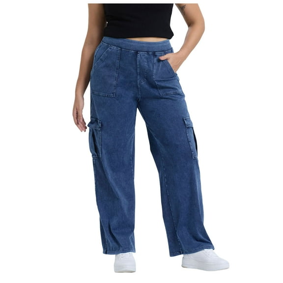 YDFCWXW Womens Plus Size Cargo Jeans Pants Wide Leg Jeans Casual High Waisted Straight Denim Pants with Pockets BU3, XL
