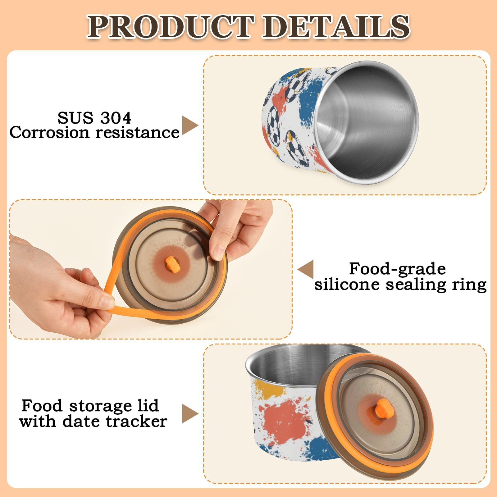 Soccer Printing Airtight Coffee Bean Canister 30oz Food Storage Containers with Lids For Gournd, Tea, Sugar, Flour, Rice, Cereal, Candy Cookie Jar