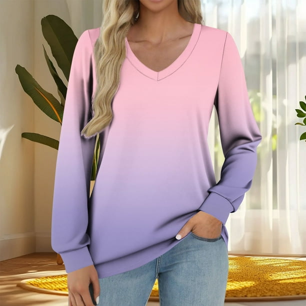 Heisall Womens Tops V-Neck Long Sleeve Loose Casual T-Shirts Gradient Color Fashion Blouse