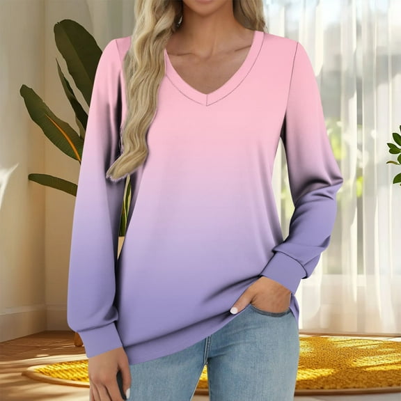 PNTUTB Women's Fashionable Gradient T Shirt Long Sleeves V Neck Comfortable and Casual Loose Top