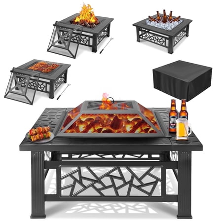 32" Fire Pits for Outside, Updated Segmart Outdoor Firepit with Fireplace Screen, Lid Square Wood Burning Fireplace Heater/Ice Pit for Camping, Outdoor Heating, Bonfire and Picnic, Black