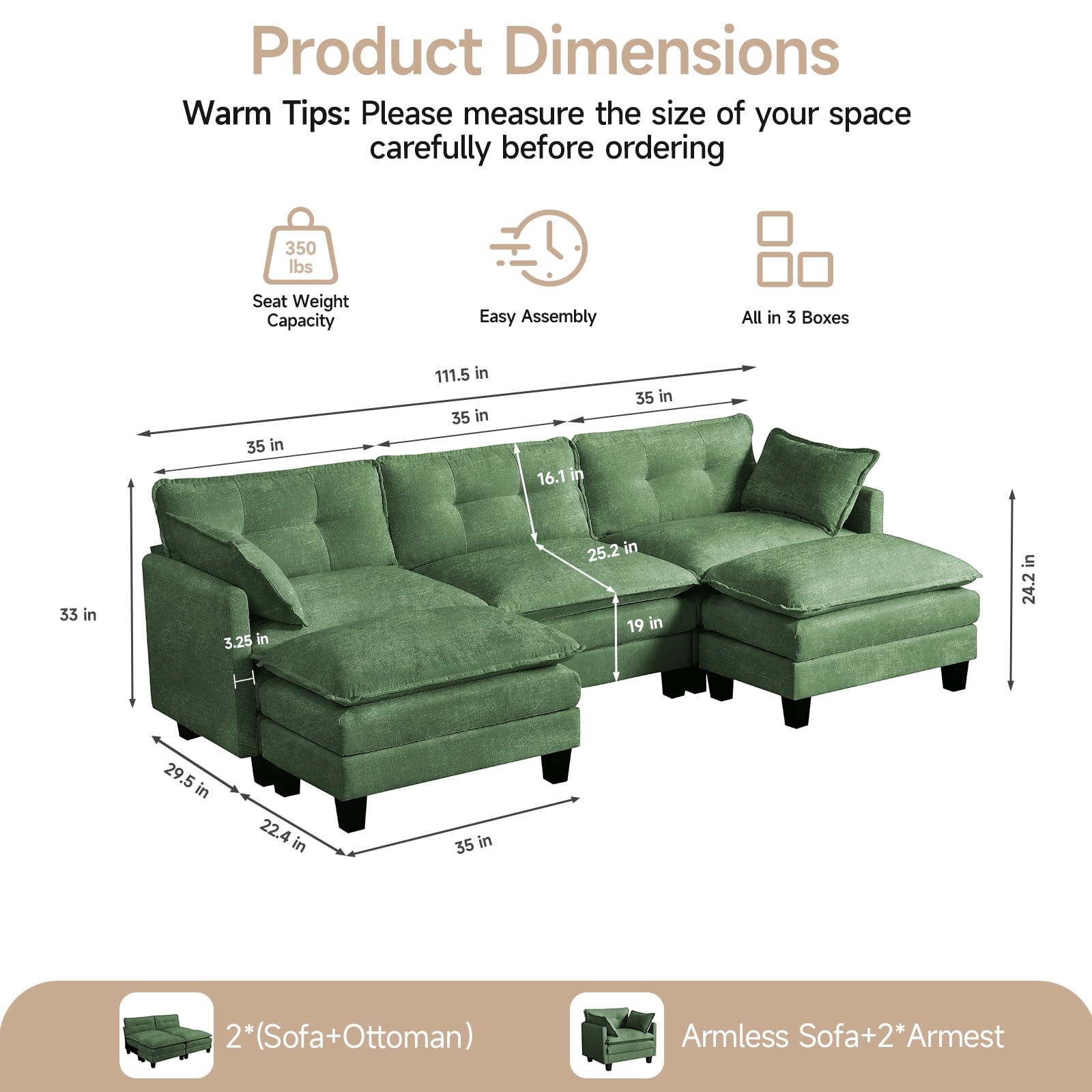 Amsleekey 111.5" Modular Sectional Sofa with 2 Movable Ottomans, U-Shaped Modern Chenille Cloud Couch for Living Room, Comfy Deep Seat Large Daybed, Green