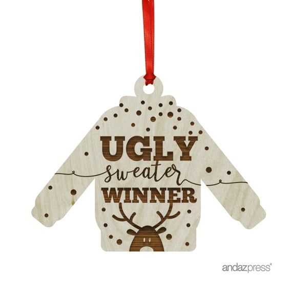 Funny Laser Engraved Wood Christmas Ornament with Gift Bag, Ugly Sweater Winner, Sweater Shape