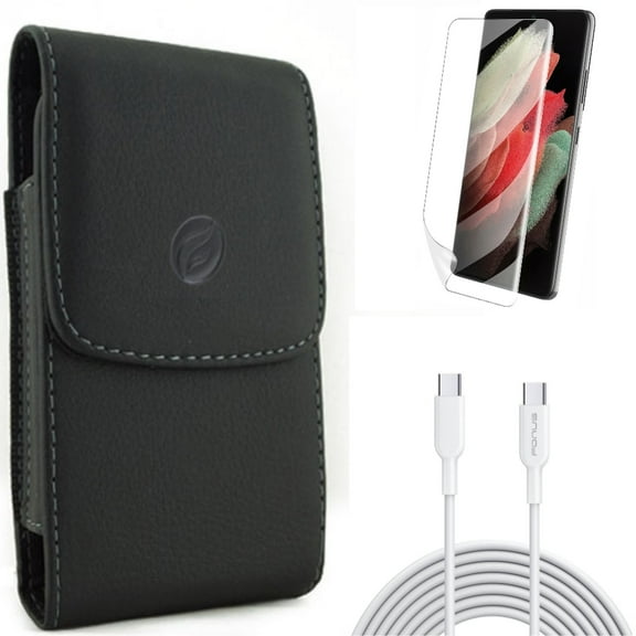 10ft Long Type-C Cable w Matte Screen Protector w Case Belt Clip for Samsung Galaxy S21 Plus - Fast Charger Cord PD, TPU Film Anti-Glare, Leather Holster Accessory Bundle