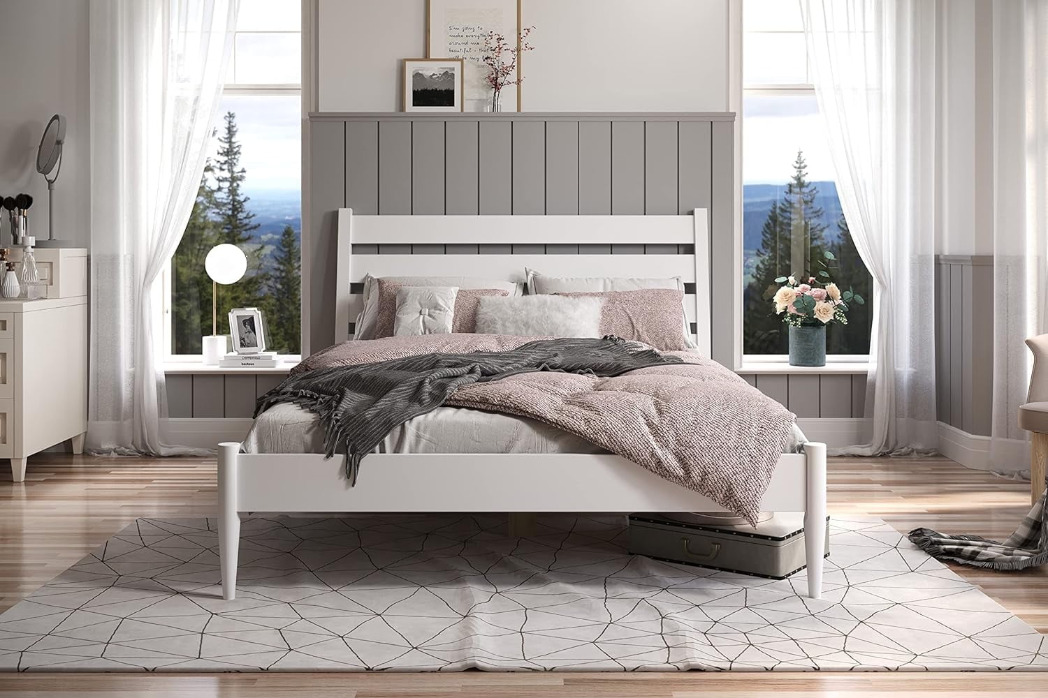 Camaflexi Mid Century Platform Bed Queen Size Solid Wood Bed Frame, White 100% Solid Wood
