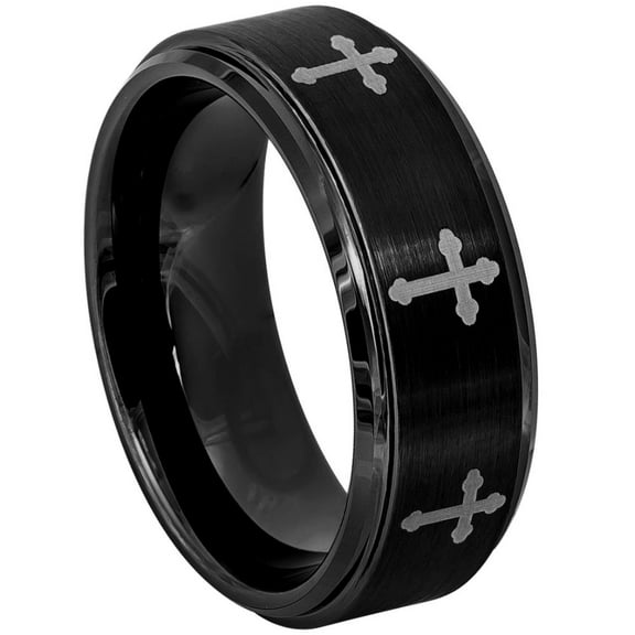 Custom Personalized Engraving Wedding Band Ring Set for Him & Her - 8mm Black IP Plated Flat Brushed Center with 8 Laser Engraved Crosses
