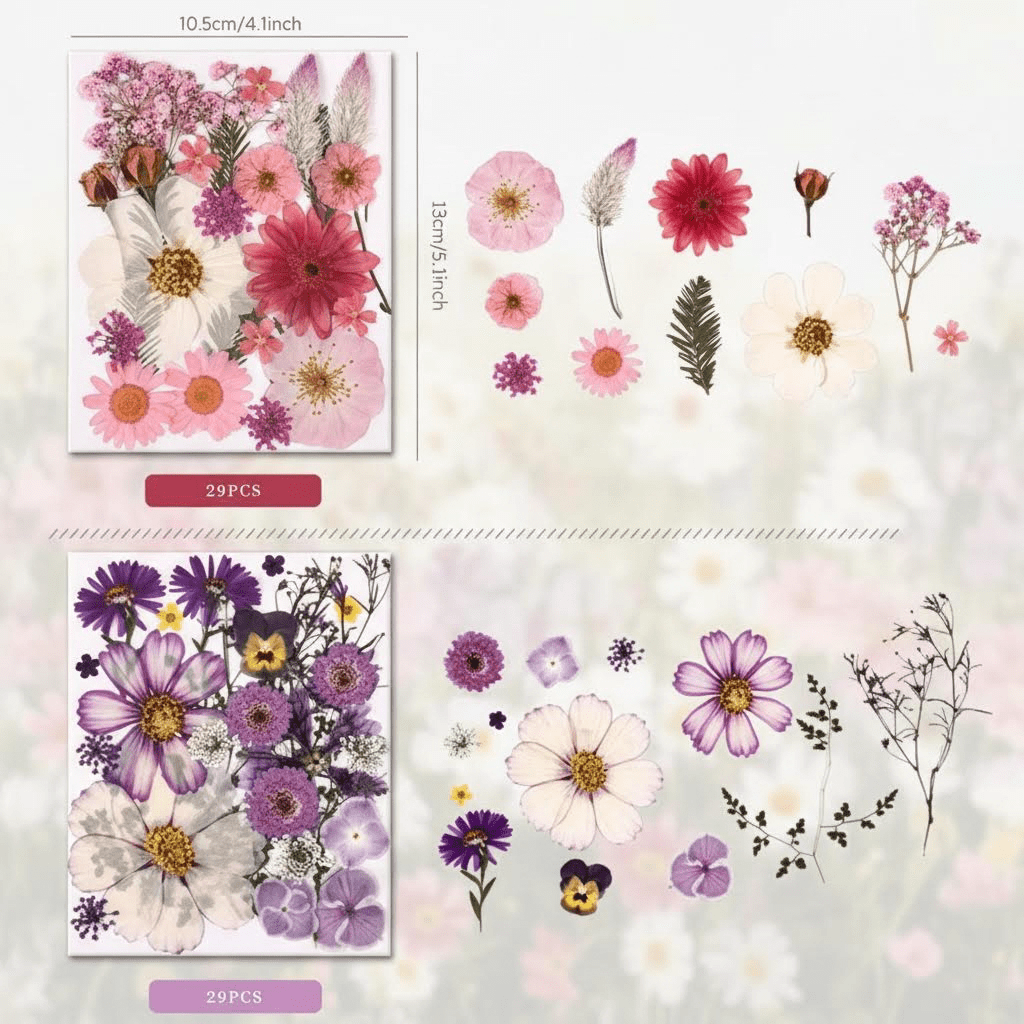 5 Packs of 140 Real Pressed Dried Flowers and Leaves with Tweezers for DIY Crafts, Resin Jewelry, Card Making, Soap, Candles, Nail Art, and Scrapbooking (5 Colors)