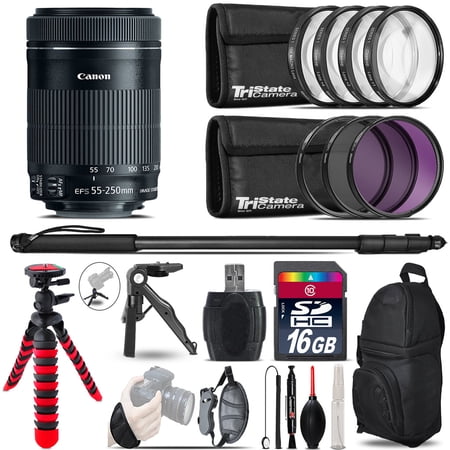 Canon 55-250mm IS STM + MACRO, UV-CPL-FLD Filter + Monopad - 16GB Accessory Kit (International Version)
