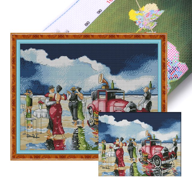 Hilo Algodón Bordado 14CT Obra Arte Punto Cruz para Fiesta en La Playa 38x31cm