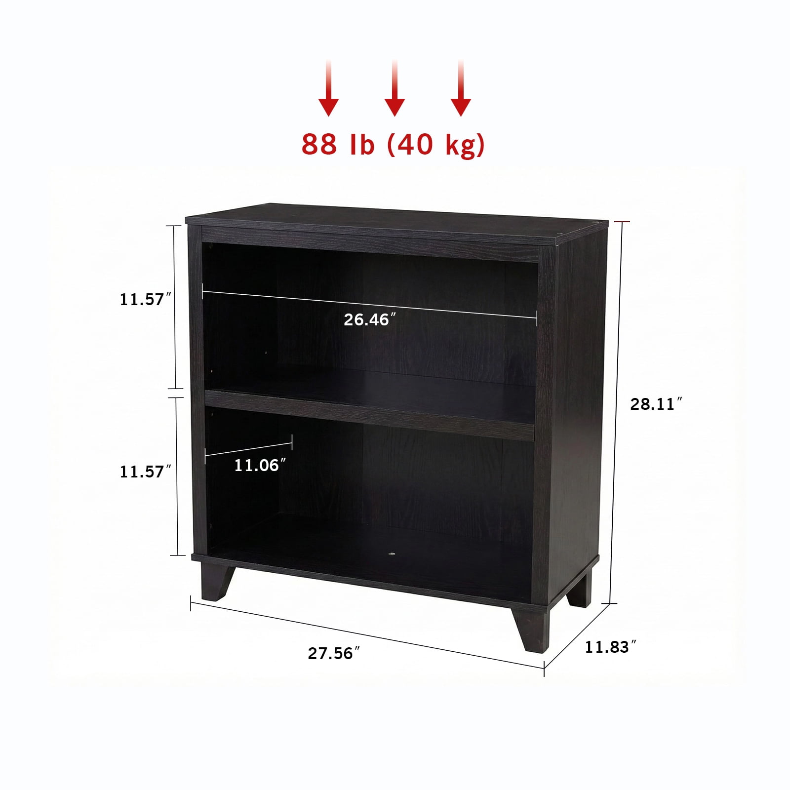 2-Tier Bookcase with Adjustable Shelves，27.56"W x 11.83"D x 28.11"H Floor Standing Open Bookshelf with Wood Legs for Home Office, Living Room, and Bedroom Storage,Black