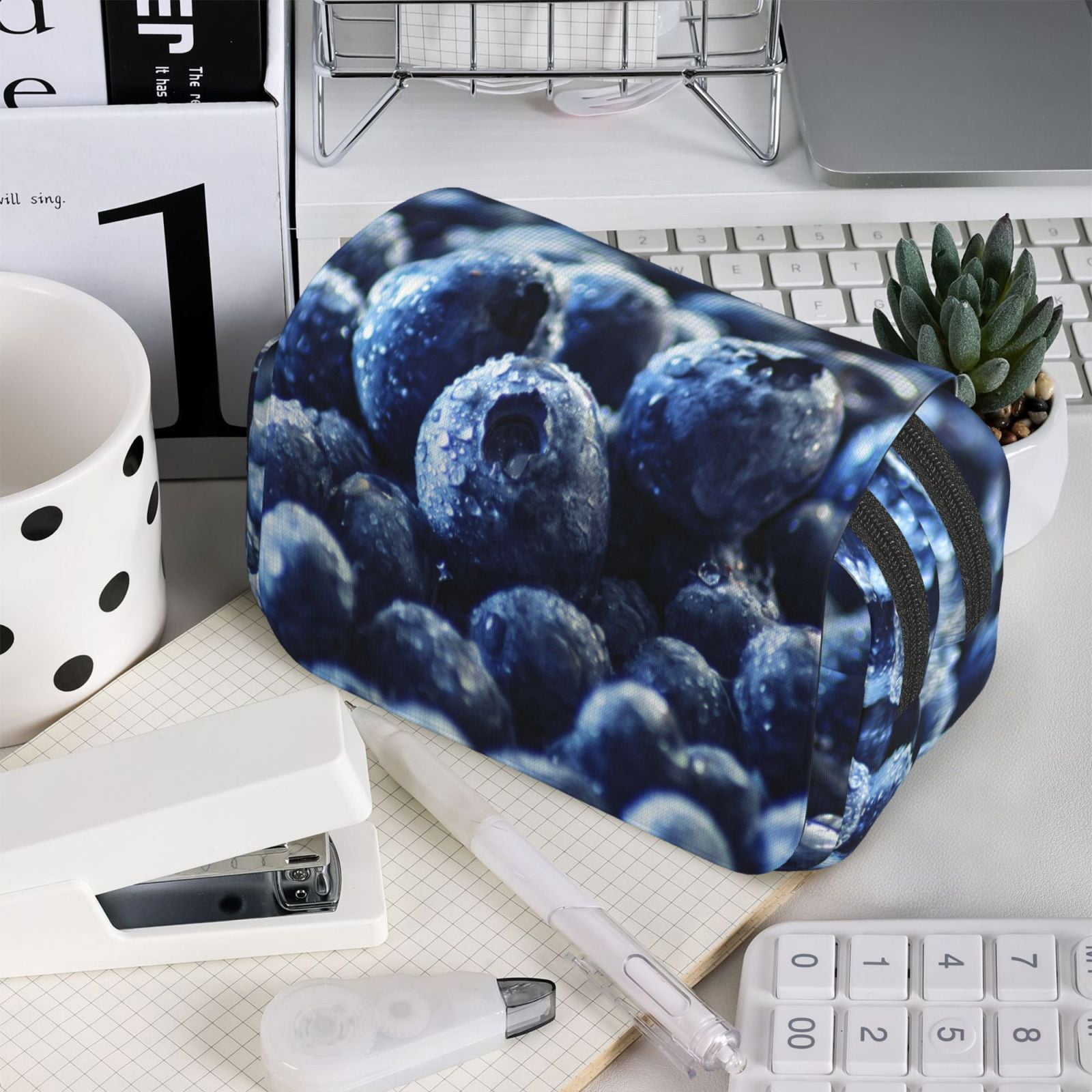 Rateoe Blueberry Pattern Double Clamshell Pen Case, Storage Organizer with Two Zipper Compartments– Holds Up to 50 Pencils & Pens