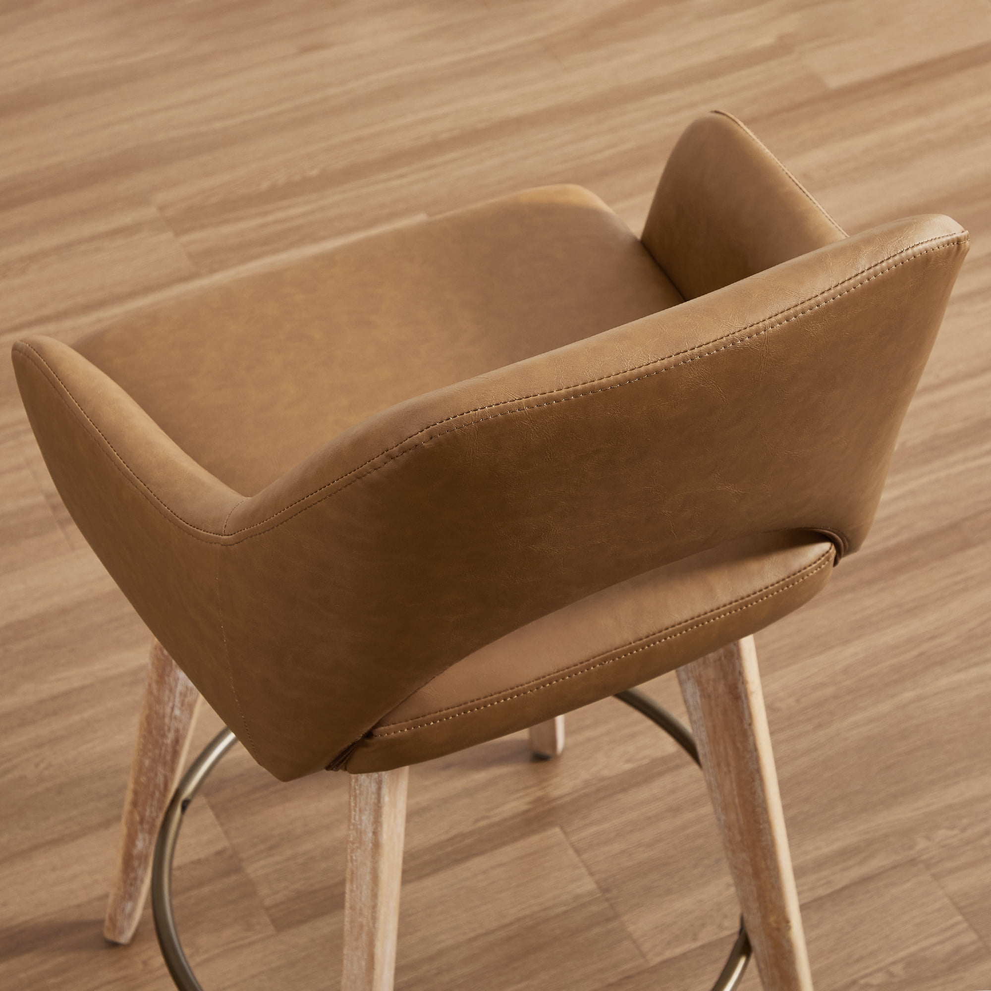 Zesthouse 26.8″ Swivel Counter Height Bar Stools Set of 2, Upholstered Faux Leather Bar Stools with Back and Wood Legs, Mid Century Modern Barstool Island Chairs for Kitchen Counter, Brown