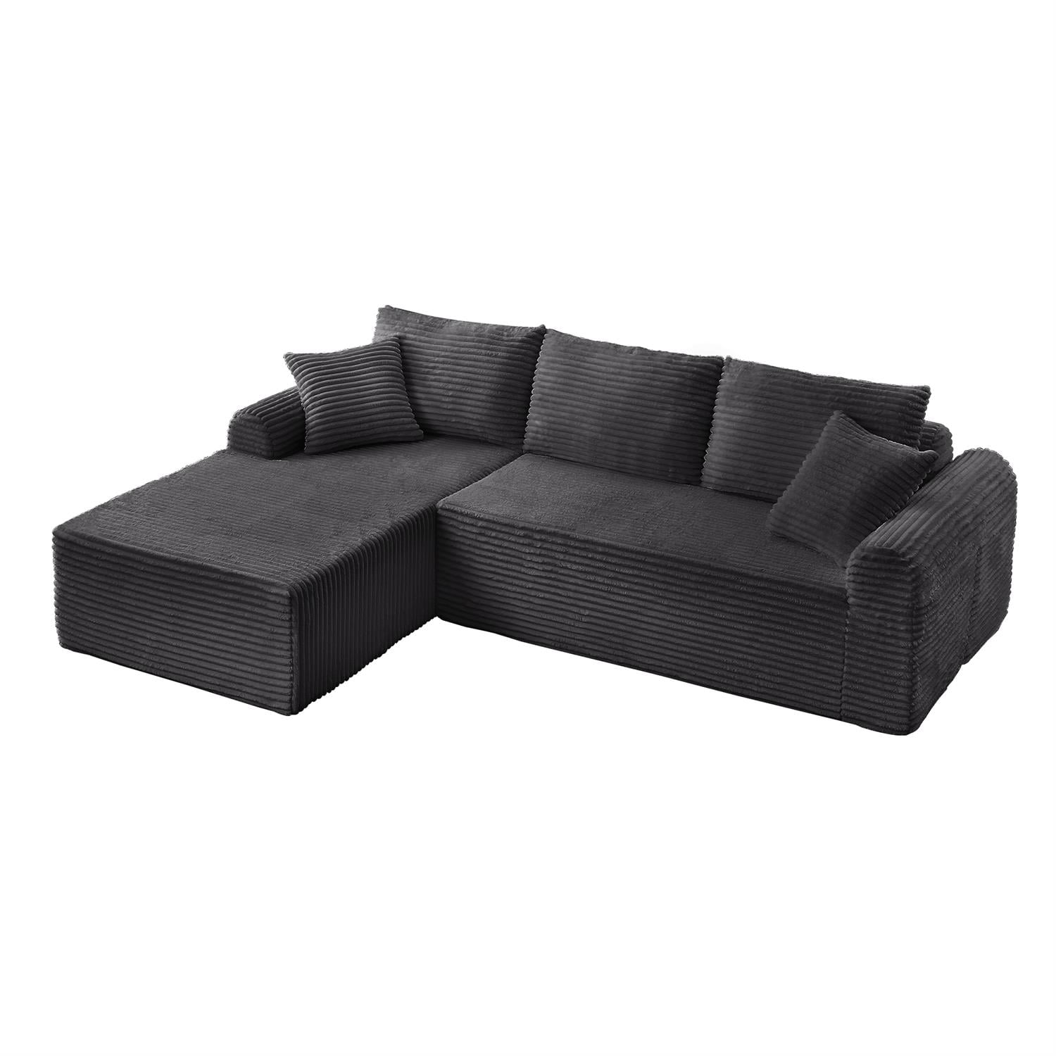 Demi Bonn 103" Cozy Corduroy Sectional Sofa with Arched Armrests, Non-Slip Base, 3 Back Cushions and 2 Throw Pillows, Full-Compression Chaise Lounge Couch Set, Gray