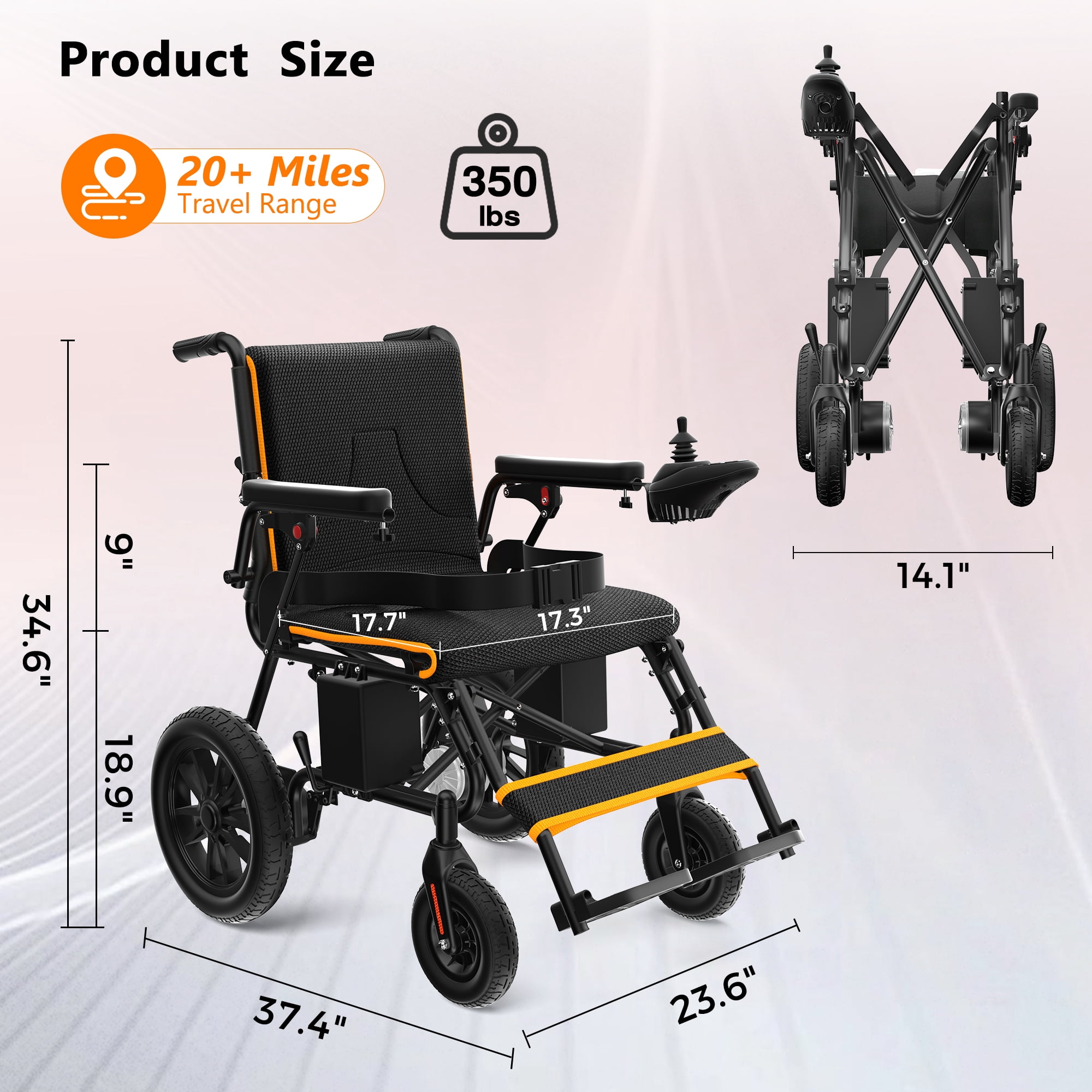 COOLHUT Electric Wheelchair 20+ miles Range All Terrain, Portable Motorized Wheelchair for Seniors, Lightweight Foldable Electric Wheelchair, 5 years warranty, 500W Dual Motors Powerful, Orange